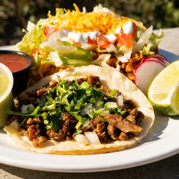 Soft shell taco with meat, hard shell taco with lettuce and cheese, two salsas, and lime.