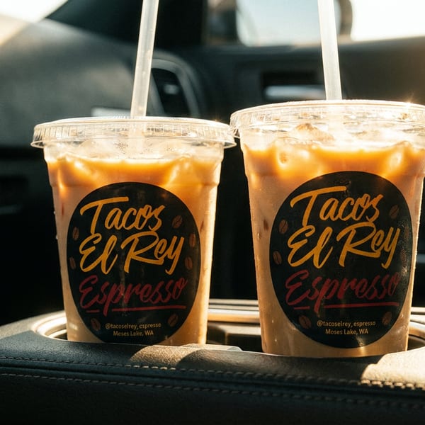 Two Tacos El Rey iced coffees in plastic cups with straws in a car's cup holders.