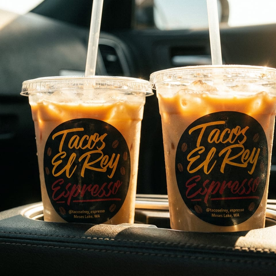 Two Tacos El Rey Espresso iced coffees in a car's cup holders, bathed in sunlight.