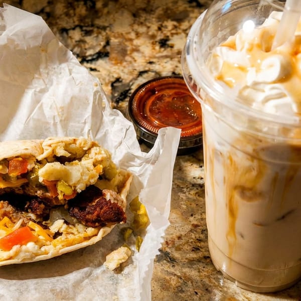 A breakfast burrito, salsa, and an iced coffee with whipped cream on a speckled counter.