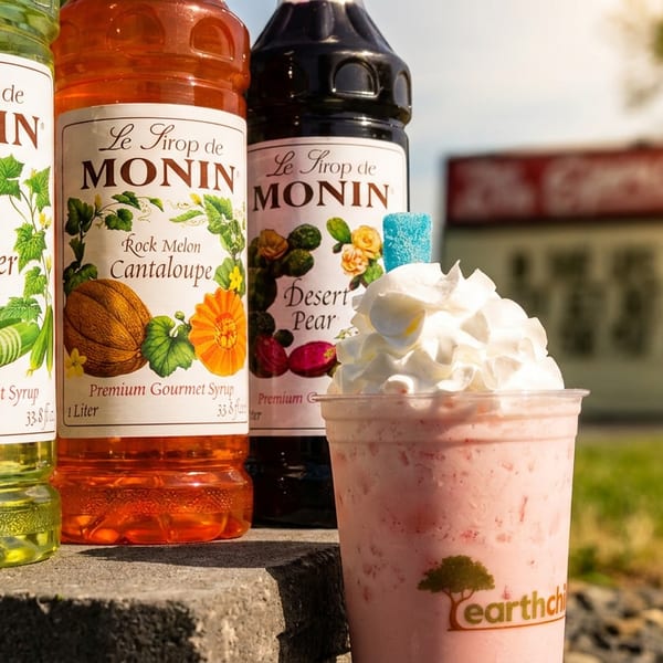 Monin cucumber, cantaloupe, and desert pear syrups next to a pink earthchi drink.