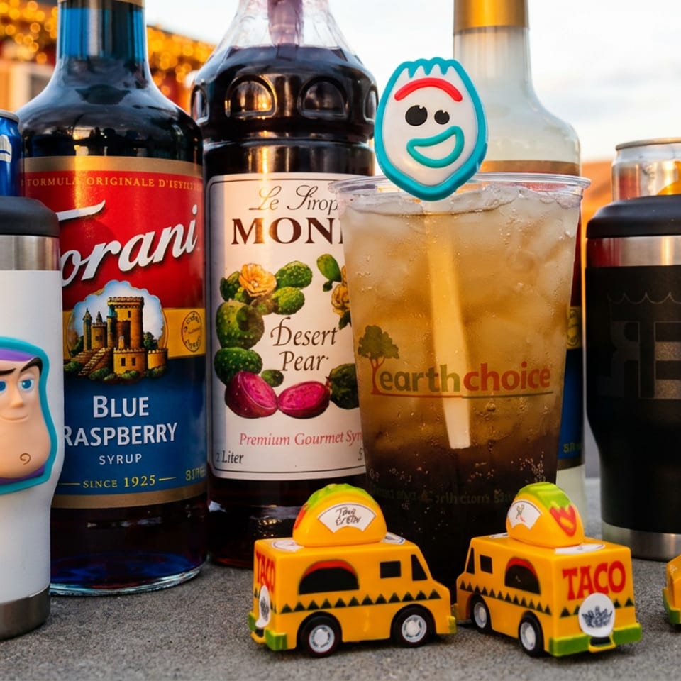 Various syrups, iced drinks with Toy Story toppers, tumblers, and toy taco trucks on pavement.